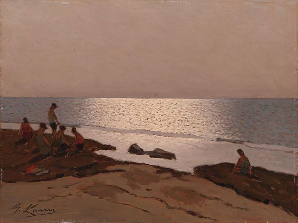 Giovanni Lomi : Pomeriggio sugli scogli  - Olio su faesite - Auction XIX AND XX CENTURY PAINTINGS AND SCULPTURES - II - Casa d'aste Farsettiarte