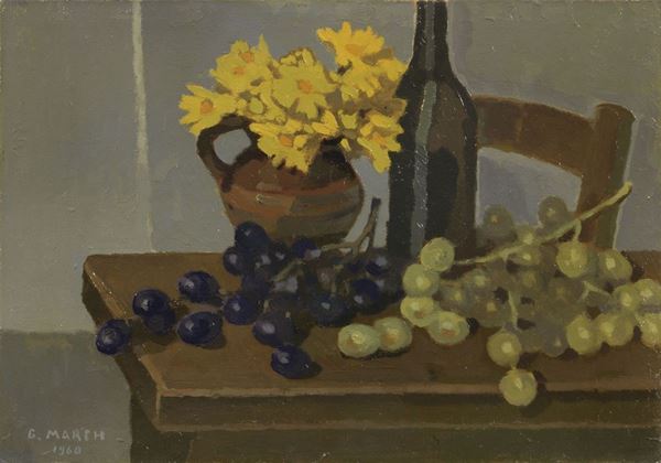Giovanni March : Natura morta: uva bianca e uva nera  (1960)  - Olio su cartone - Auction XIX AND XX CENTURY PAINTINGS AND SCULPTURES - II - Casa d'aste Farsettiarte
