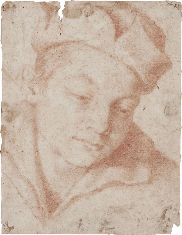 Scuola toscana del XVI secolo : Testa di giovane con berretto  - Sanguigna su carta - Asta IMPORTANTI DIPINTI ANTICHI - I - Casa d'aste Farsettiarte