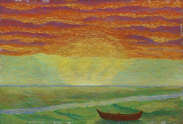 Benvenuto Benvenuti : Barca al tramonto  - Olio su cartone - Auction XIX AND XX CENTURY PAINTINGS AND SCULPTURES - II - Casa d'aste Farsettiarte
