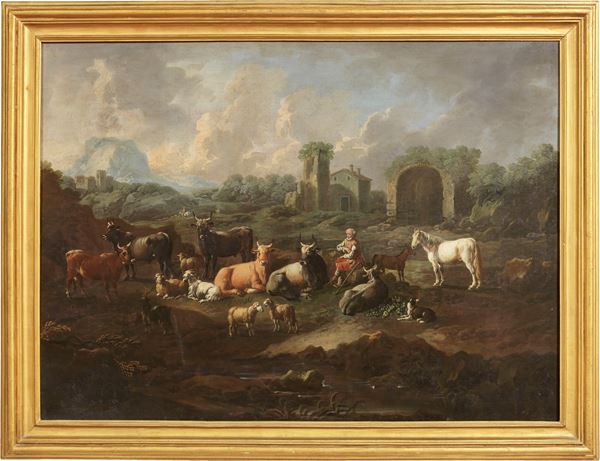 Philip Peter Roos, detto Rosa da Tivoli (attr. a) - «Paesaggio con pastore e armenti sullo sfondo di rovine» e «Paesaggio con pastore e armenti e una torre»