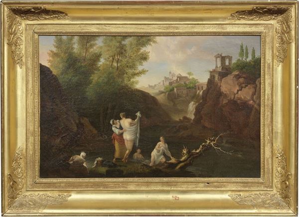 Scuola francese del XVIII secolo : Diana al bagno con le cascate di Tivoli sullo sfondo  - Olio su tela - Auction IMPORTANT OLD MASTERS PAINTINGS - I - Casa d'aste Farsettiarte