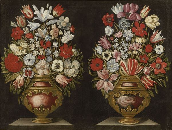 Maestro del vaso a grottesche - Due vasi a grottesche con fiori