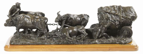 Giuseppe Rossi: : I carratori  (1907)  - Scultura in bronzo su base in legno - Asta DIPINTI E SCULTURE DEL XIX E XX SECOLO - II - Casa d'aste Farsettiarte