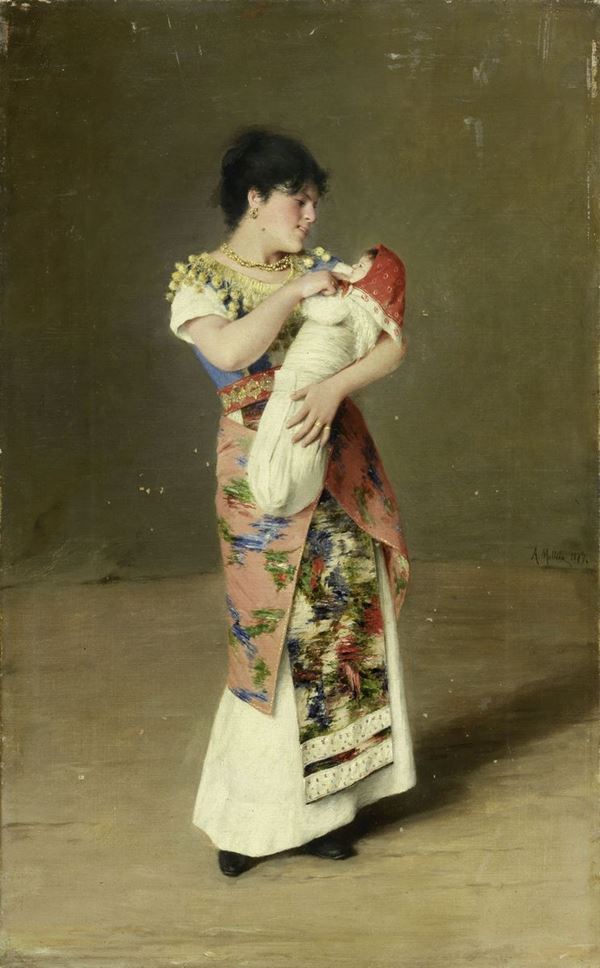 Achille Mollica : Amore materno  (1879)  - Olio su tela - Asta DIPINTI E SCULTURE DEL XIX E XX SECOLO - II - Casa d'aste Farsettiarte