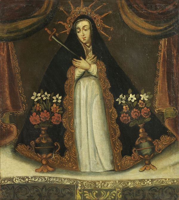 Scuola spagnola (ispano-americana) inizio del XIX secolo : Madonna Addolorata  - Olio su tela - Auction IMPORTANT OLD MASTERS PAINTINGS - I - Casa d'aste Farsettiarte