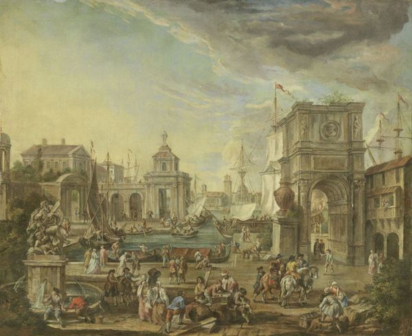 Scuola veneta del XVIII secolo : Veduta portuale  - Olio su tela - Asta IMPORTANTI DIPINTI ANTICHI - I - Casa d'aste Farsettiarte