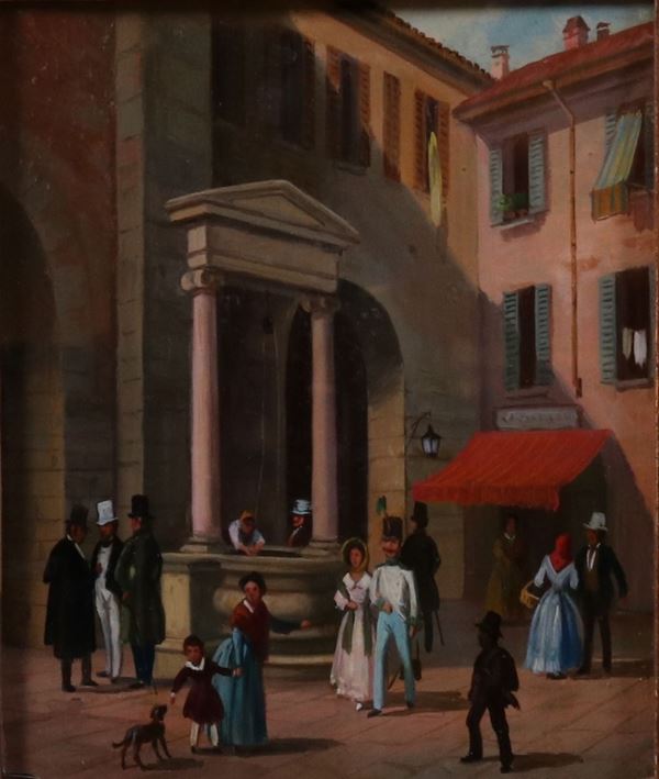 Ignoto fine XIX secolo : Veduta di piazza  - Olio su tavola - Asta DIPINTI E SCULTURE DEL XIX E XX SECOLO - II - Casa d'aste Farsettiarte