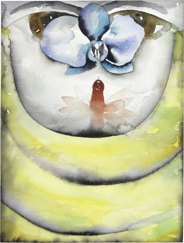 Francesco Clemente : Guancia di tulipano (Orchidea nera e colibrì testardo)  (2003)  - Acquerello su carta - Asta ARTE CONTEMPORANEA - I - Casa d'aste Farsettiarte