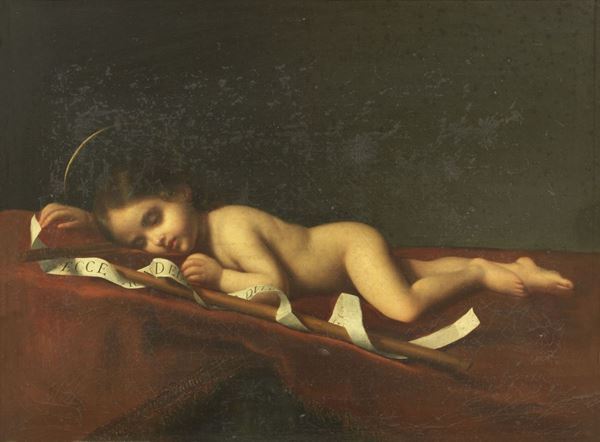 Ignoto pittore purista del XIX secolo : San Giovannino dormiente  - Olio su tela - Auction IMPORTANT OLD MASTERS PAINTINGS - I - Casa d'aste Farsettiarte