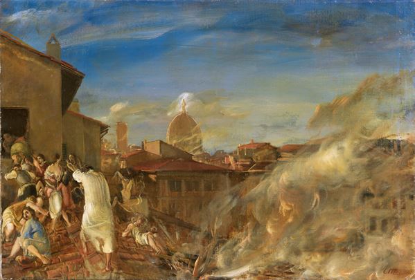 Pietro Annigoni : L'incendio  (1937)  - Tempera grassa su tela - Asta Arte Moderna - II - Casa d'aste Farsettiarte