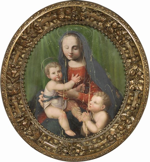 Scuola senese del XVI secolo : Madonna col Bambino e San Giovannino  - Olio su tavola - Asta IMPORTANTI DIPINTI ANTICHI - I - Casa d'aste Farsettiarte