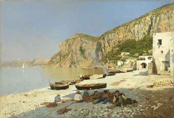 Rubens Santoro : Rammendatori di reti a Capri  (1880)  - Olio su tela - Asta DIPINTI E SCULTURE DEL XIX E XX SECOLO - II - Casa d'aste Farsettiarte