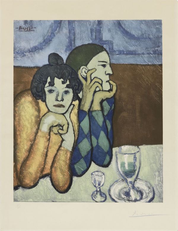 Pablo Picasso (d'apr&#232;s) : L'Arlequin et sa Compagne (Les deux Saltimbanques)  (1960 ca.)  - Collotipia a colori, es. 125/125 - Auction CONTEMPORARY ART - I - Casa d'aste Farsettiarte