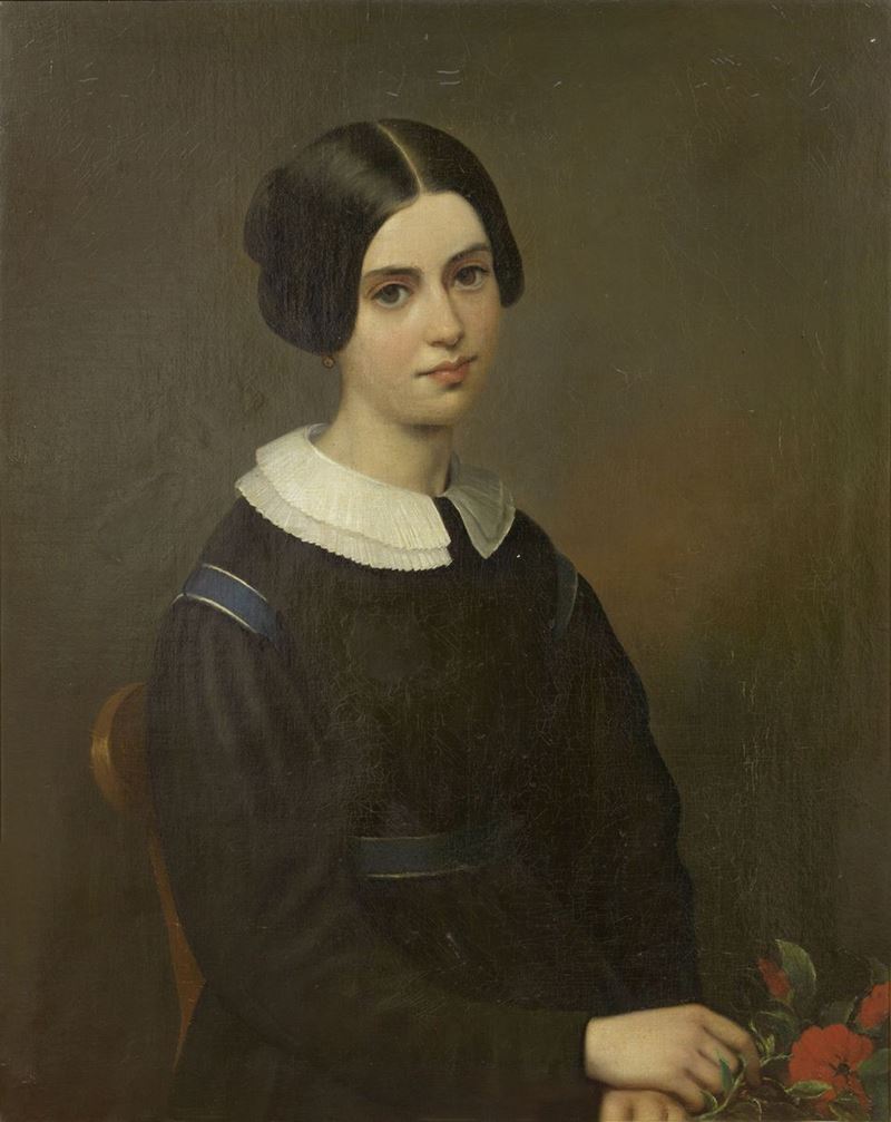 Ignoto del XIX Secolo - Ritratto di Signora con Fiori