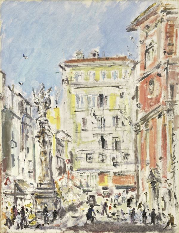 Filippo de Pisis : La piazza di San Nazzaro in Brolo a Milano  (1940)  - Olio su tela - Asta ARTE MODERNA - II - Casa d'aste Farsettiarte