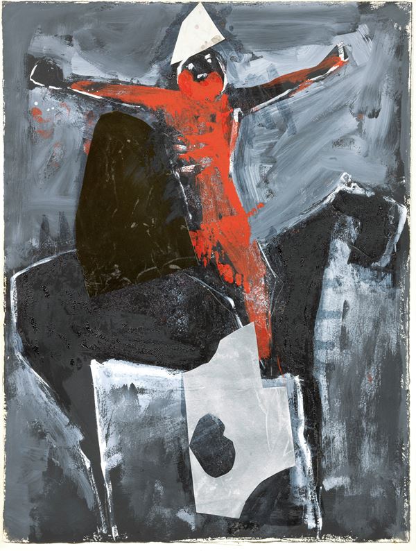Marino Marini : Giocoliere rosso a cavallo  (1970)  - Olio, gouache, acquerello e collage su carta - Auction MODERN ART - II - Casa d'aste Farsettiarte