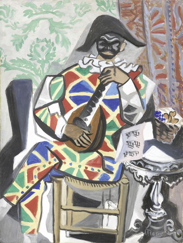 Gino Severini : Arlecchino con mandolino  (1943)  - Olio su cartone - Auction MODERN ART - II - Casa d'aste Farsettiarte