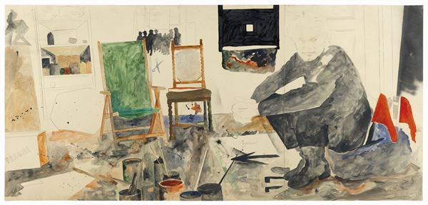 Franco Angeli : Autoritratto nello studio  (1971)  - Acquerello e tecnica mista su carta applicata su tela - Asta ARTE CONTEMPORANEA - I - Casa d'aste Farsettiarte