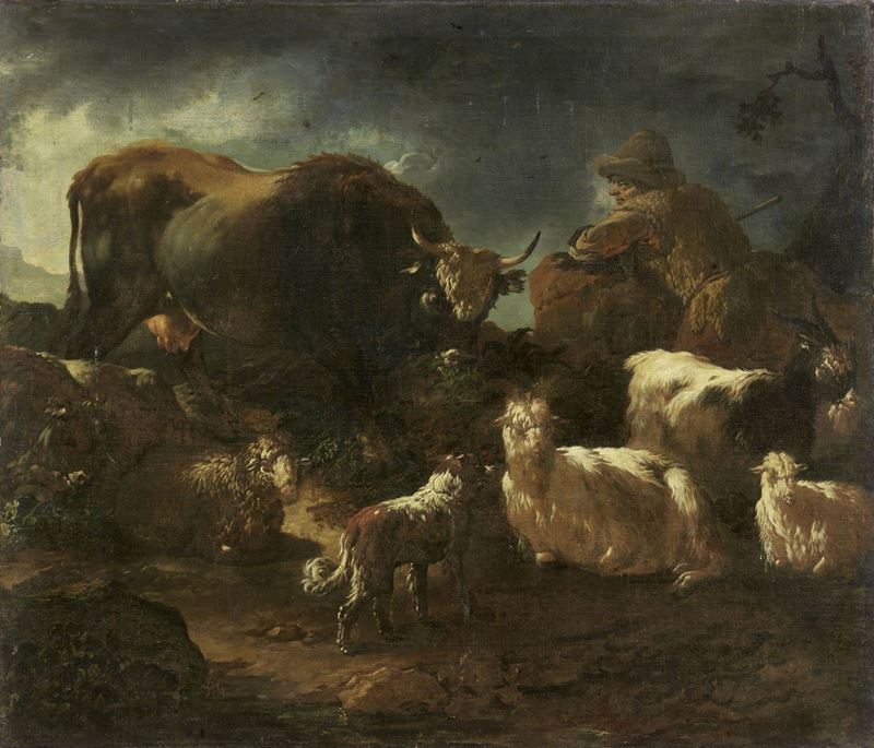Philip Peter Roos, Detto Rosa da Tivoli (attr. A) - Paesaggio con Armenti e Pastore
