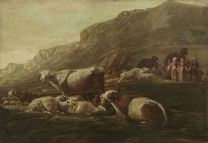 Scuola Francese del XVIII Secolo - Paesaggio con Armenti sullo Sfondo, Figure e Cammelli