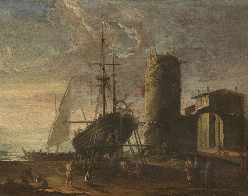 Scuola Fiamminga del XVII Secolo - Marina con Vascello in Carenaggio e Torre