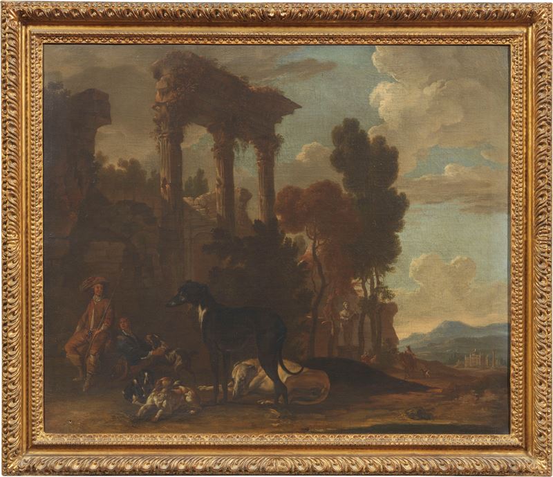 Scuola Inglese del XVII Secolo - Paesaggio con Rovine e Cani