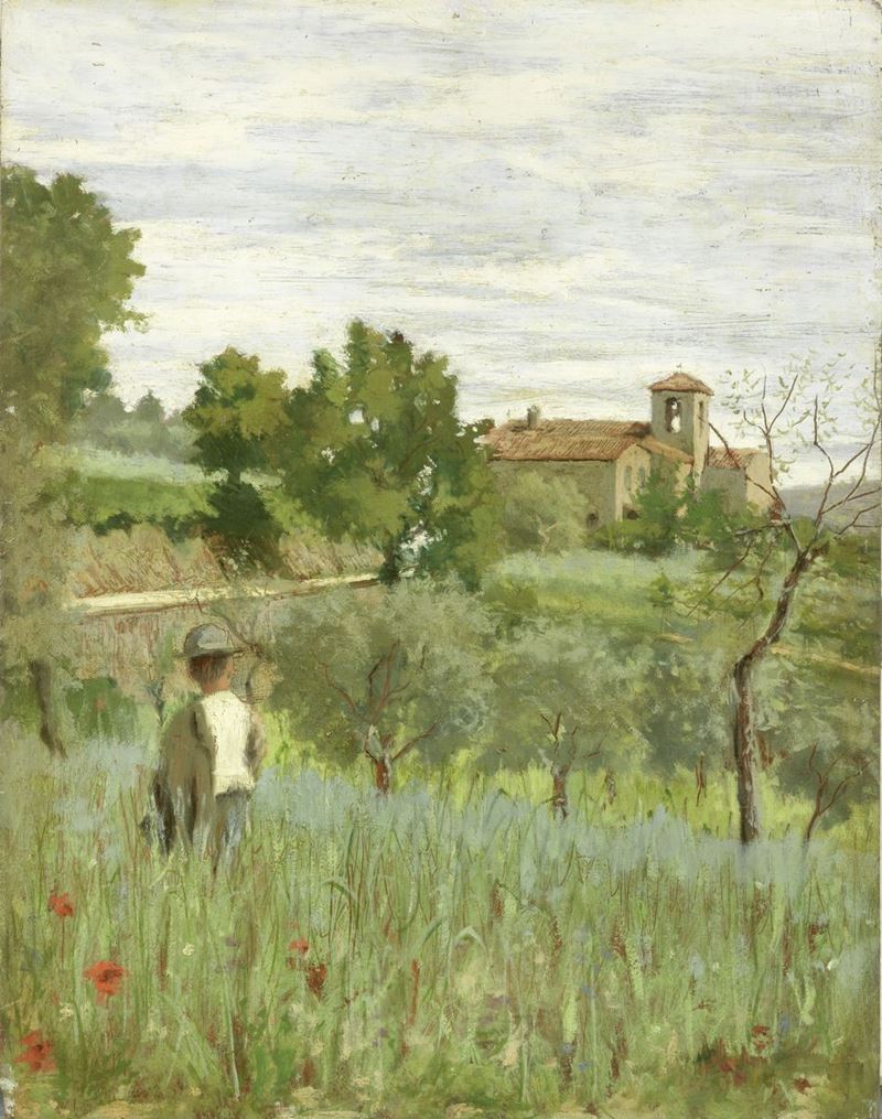Silvestro Lega - Campagna con Contadino fra il Grano