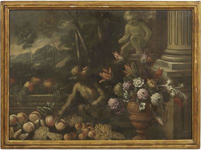 Natura Morta con Scimmia, Putto, Fiori e Paesaggio