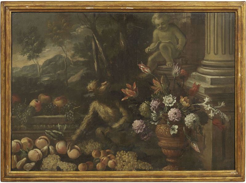 Scuola Romana del XVII Secolo - Natura Morta con Scimmia, Putto, Fiori e Paesaggio