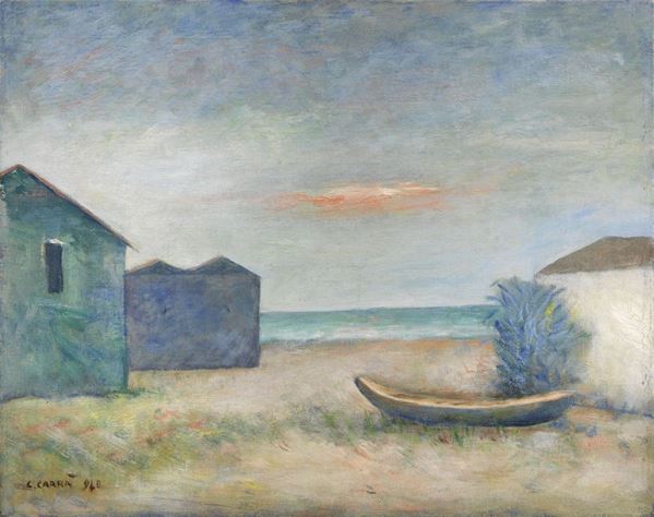 Carlo Carr&#224; : Capanni in riva al mare  (1940)  - Olio su cartone telato - Auction MODERN ART - II - Casa d'aste Farsettiarte