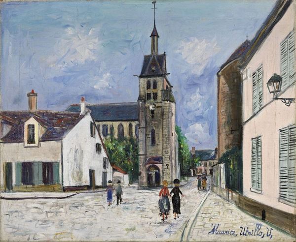 Maurice Utrillo : Place de l'église, Nangis (Seine-et-Marne)  (1930 ca.)  - Olio su tela - Asta ARTE MODERNA - II - Casa d'aste Farsettiarte