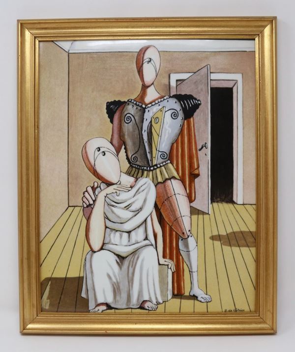 Placca in porcellana policroma raffigurante «Il Consolatore» di Giorgio de Chirico  - Asta UNA COLLEZIONE DI PORCELLANE TOSCANE - Casa d'aste Farsettiarte