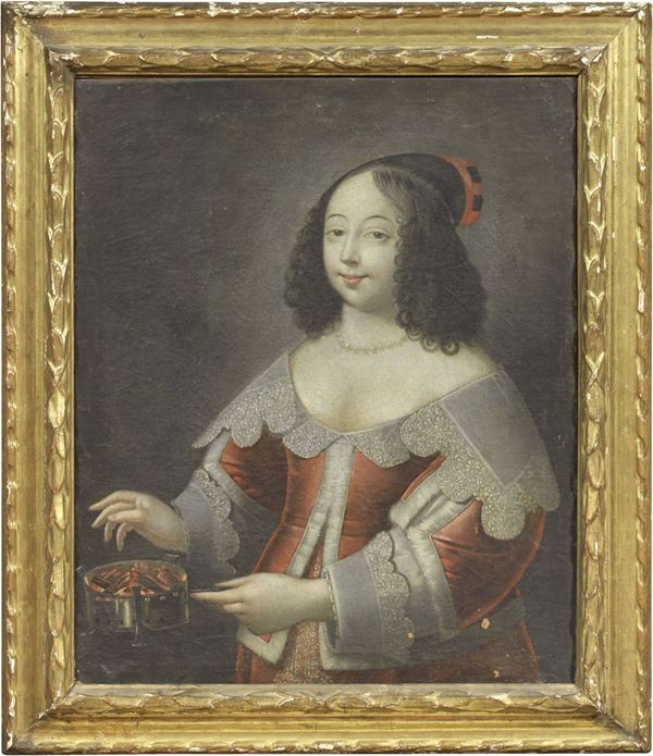 Scuola fiamminga del XVII secolo - Ritratto di dama con braciere