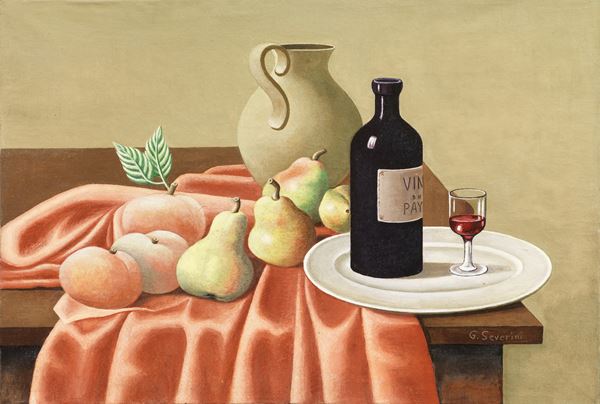 Gino Severini : Nature morte (Natura morta con bottiglia di vino, brocca e pere)  (1920)  - Olio su tela - Auction Modern Art - II - Casa d'aste Farsettiarte