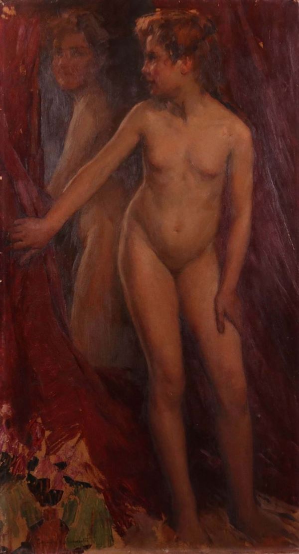 Edgardo Saporetti : Nudo femminile  (1909)  - Olio su cartone - Asta OPERE DEL XIX E XX SECOLO E UNA RACCOLTA FIORENTINA - COMPRA SUBITO - Casa d'aste Farsettiarte