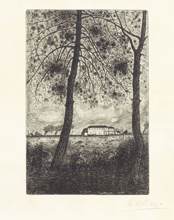 Giuseppe Viviani : Pini con casolare  (1927)  - Acquaforte su zinco, es. e IV - Auction CONTEMPORARY ART - I - Casa d'aste Farsettiarte