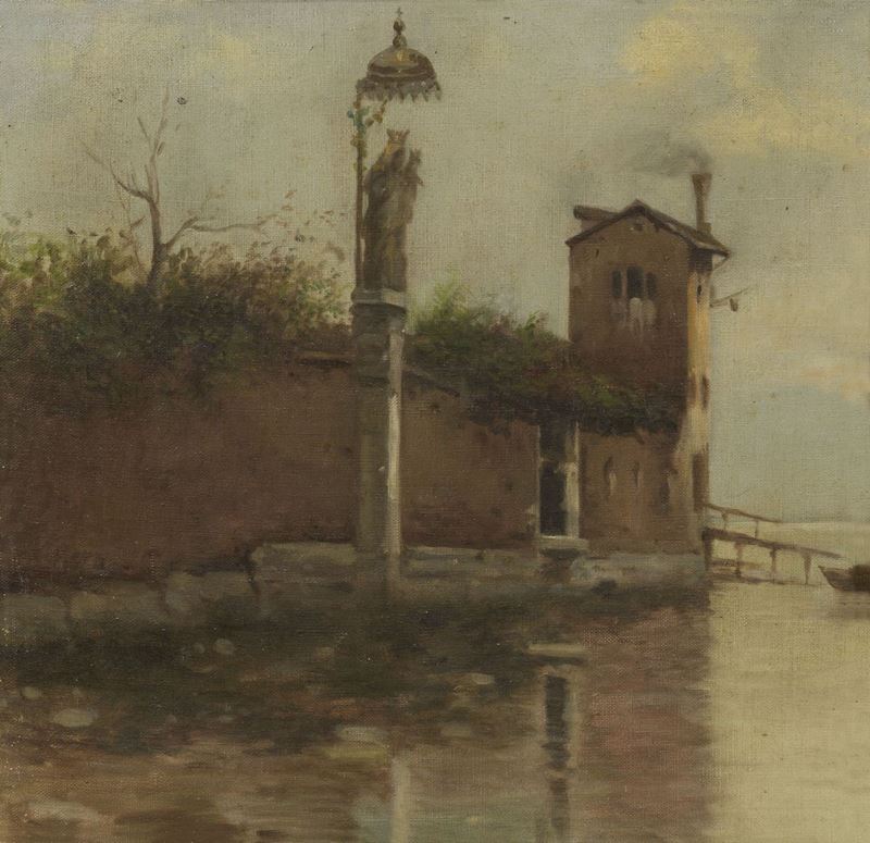 Scuola Veneta Fine XVIII Secolo - Paesaggio Lagunare con Statua Raffigurante Madonna