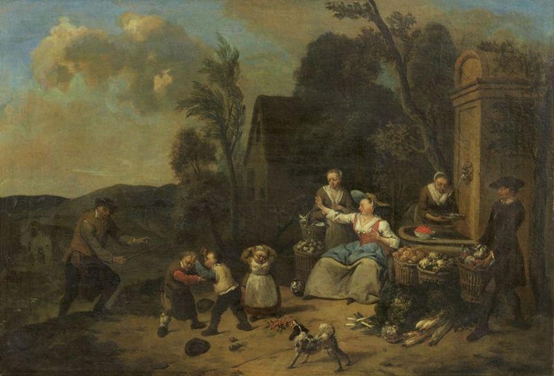 Scuola Fiamminga Fine XVII Secolo - Paesaggio con Festa Campestre