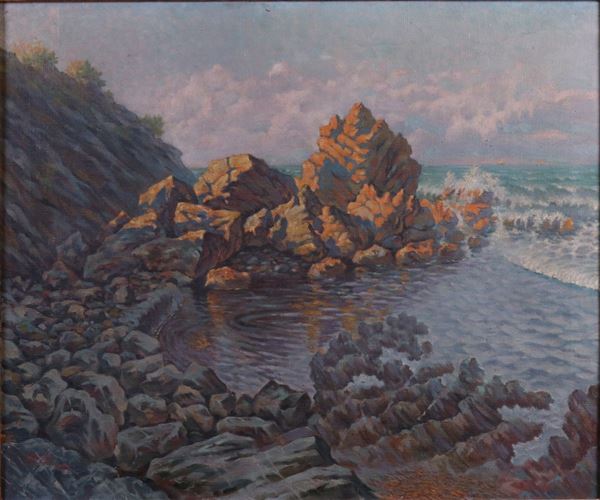 Lorenzo Cecchi : Marina con scogli  (1920)  - Olio su tela - Asta ARTE CONTEMPORANEA - I - Casa d'aste Farsettiarte