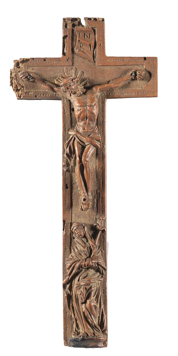 Scuola nordica fine del XVII secolo - Piccolo crocifisso da viaggio apribile con Cristo e Madonna addolorata