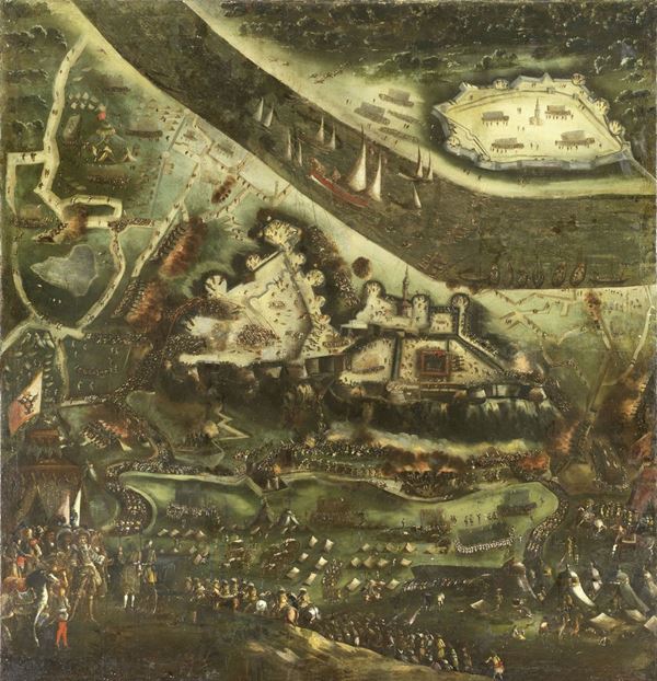 Scuola francese del XVII secolo - Battaglia di Buda. Veduta a volo di uccello