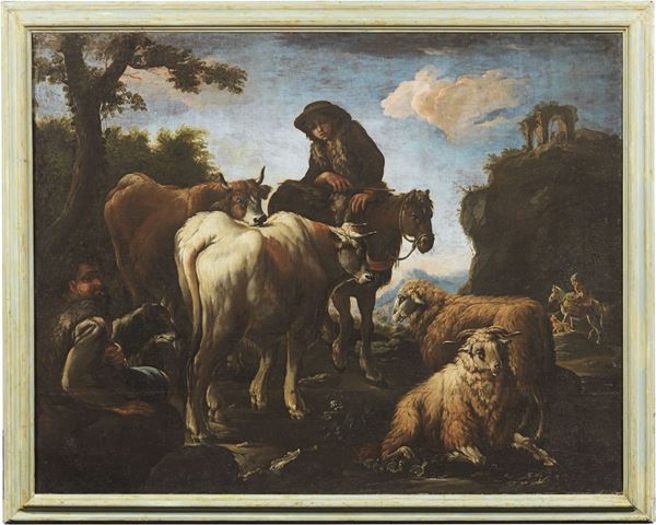 Philip Peter Roos, detto Rosa da Tivoli (attr. a) - Paesaggio con pastore e armenti
