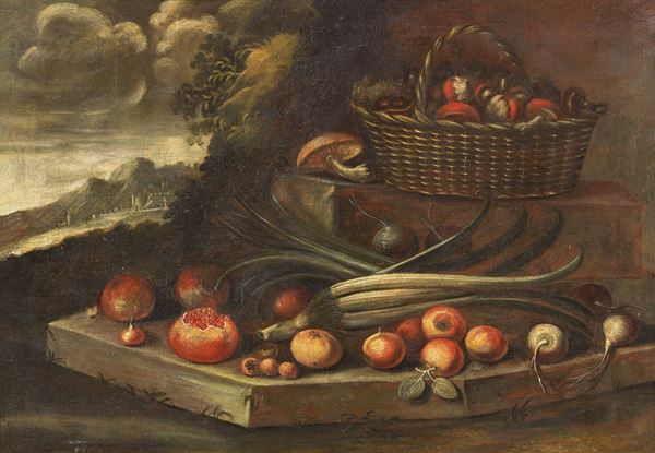Scuola lombarda fine XVII secolo - Natura morta con gobbi e frutta