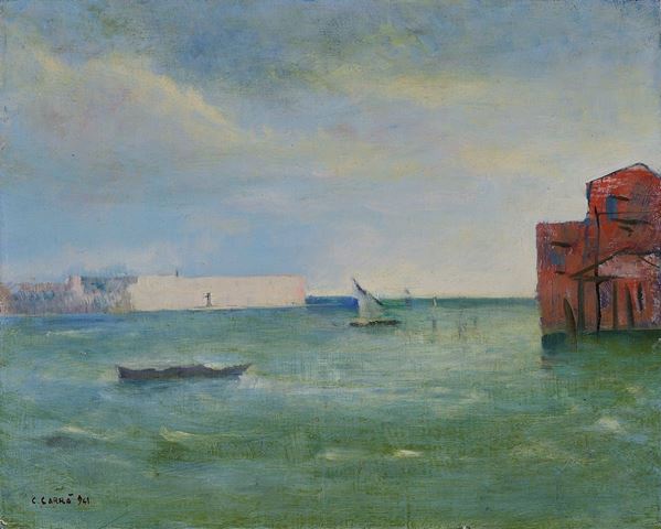 Carlo Carr&#224; : Marina  (1941)  - Olio su cartone telato - Auction Modern Art - Casa d'aste Farsettiarte