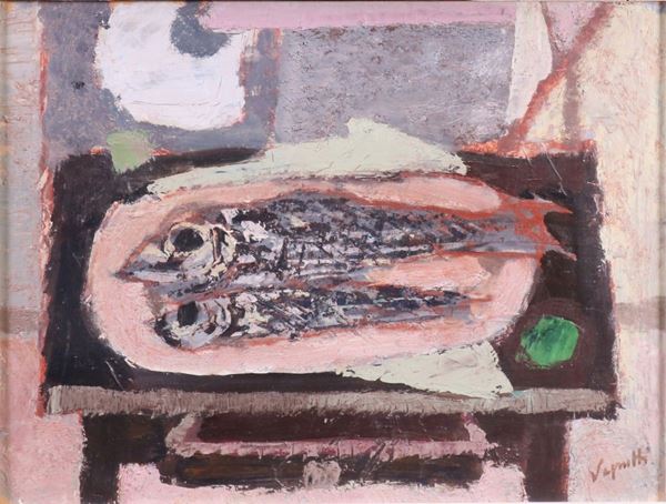Gianni Vagnetti : Pesci  - Olio su cartone - Asta ARTE CONTEMPORANEA - I - Casa d'aste Farsettiarte