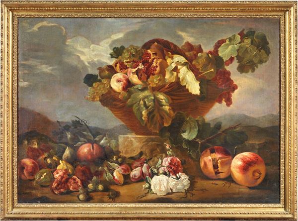 Scuola fiamminga fine XVIII secolo - Natura morta con canestro di frutta