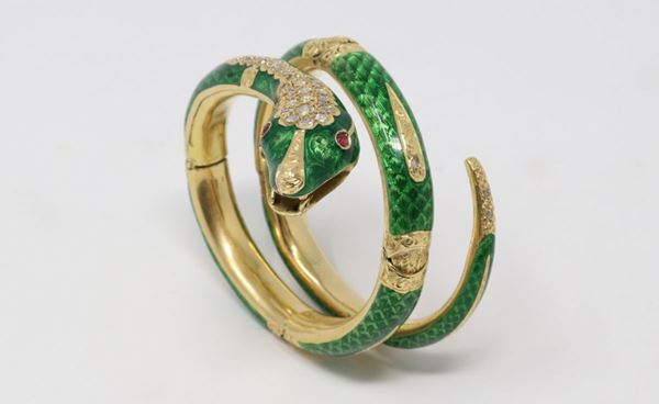 Bracciale a forma di serpente in oro giallo, smalto verde e brillanti di vecchio taglio
