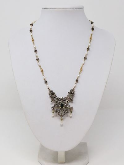 Collana Girocollo in Oro e Argento con Perle di Fiume, Zaffiri e Rose di Diamante