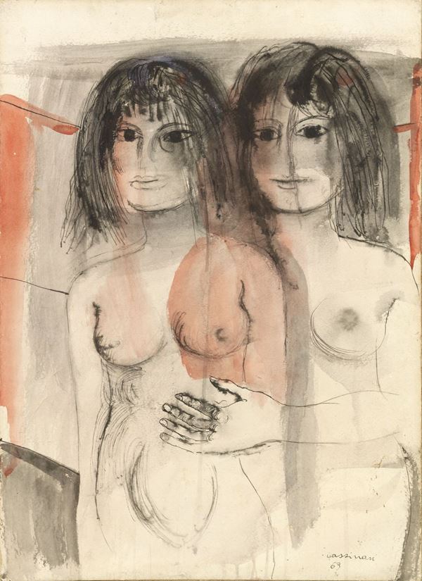 Bruno Cassinari : Figure  (1969)  - Acquerello e china su carta applicata su tela - Auction MODERN AND CONTEMPORARY ART - I - Casa d'aste Farsettiarte